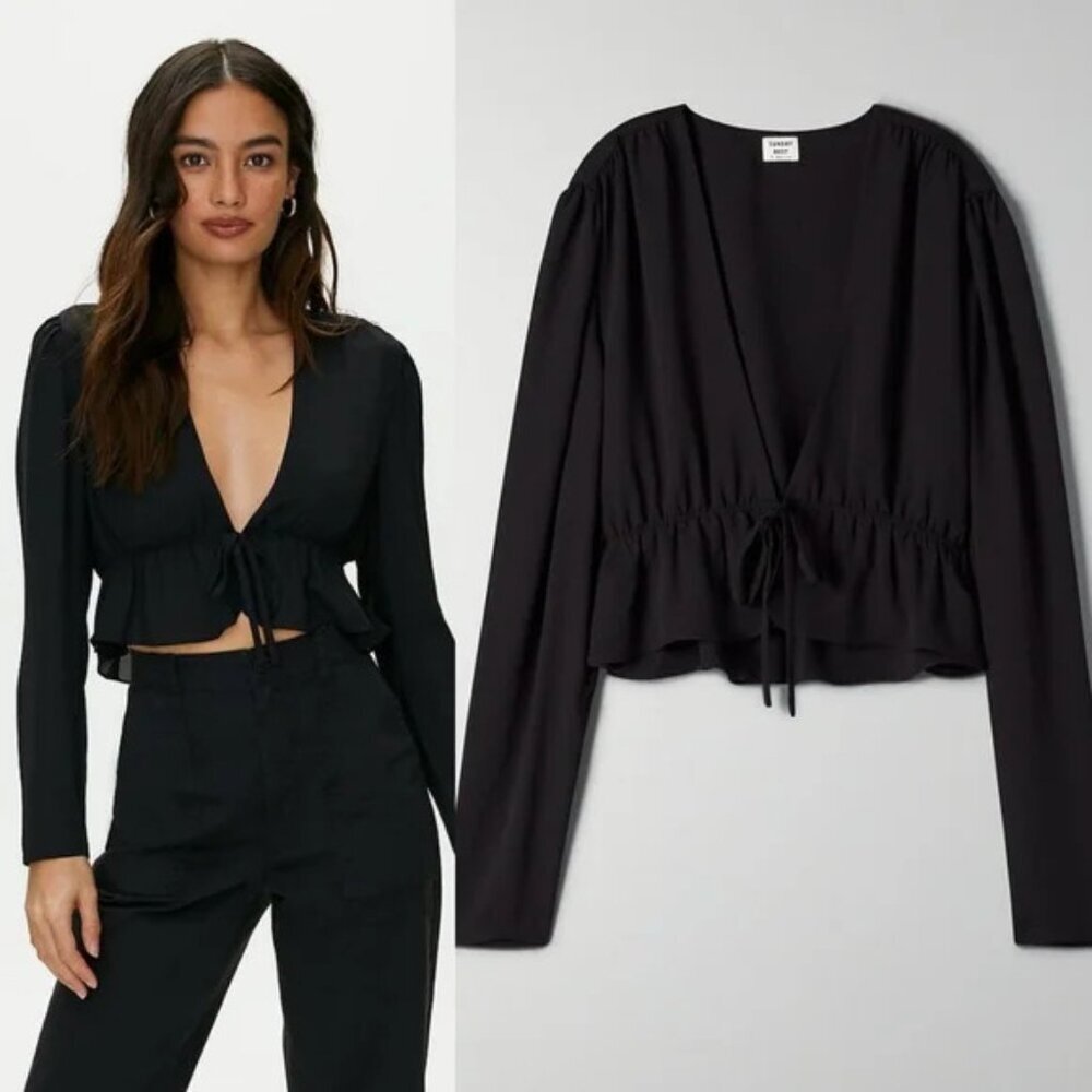 Aritzia Sunday Best Black Long Sleeve Cropped Blouse Tie Front Cardigan Size XS
